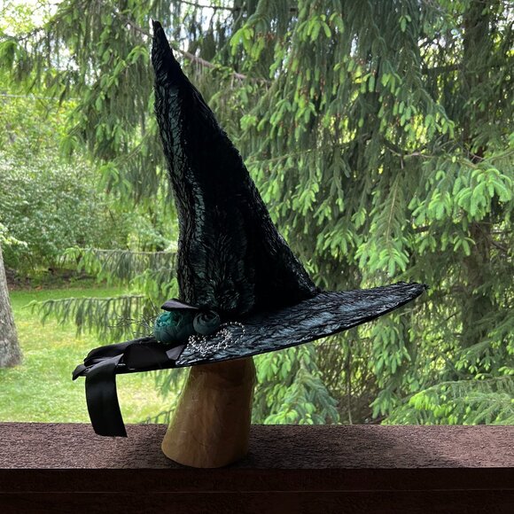 One-of-a-Kind Handmade Teal & Black Witch's Hat w/Decorative Flower & Black Bow - Picture 4 of 13